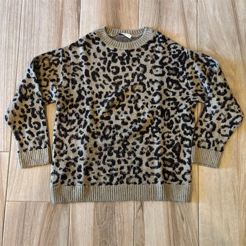 MNG Mango Sweater Womens Size S Brown Leopard Print Crew Neck Pullover